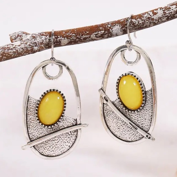 925 Sterling Silver Plated Yellow Synthetic Stone Boho Earrings - Picture 1 of 5